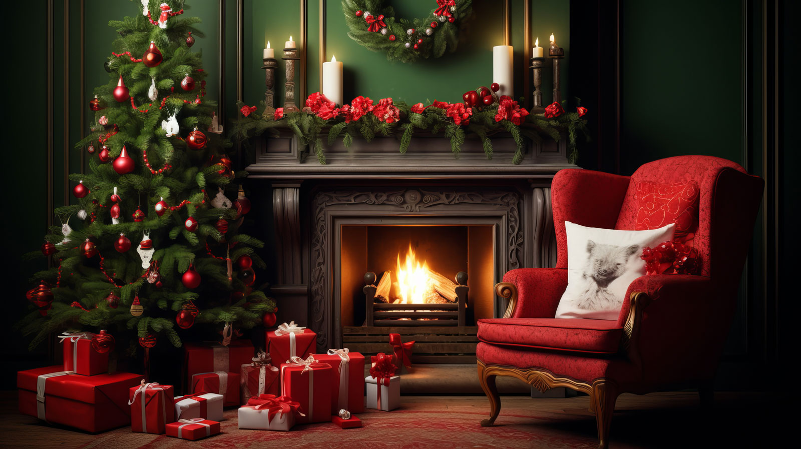 Wohnzimmer mit Kamin, Weihnachtsbeleuchtung, Kissen, Sofa und weihnachtlicher Deko auf dem Tisch
