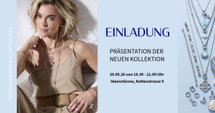 Einladung mit Termin, Anschrift und abgebildeter Frau mit Schmuck